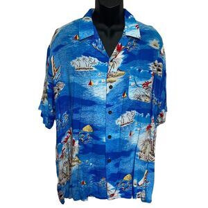 Vintage Ocean Current Hawaiian Shirt Surfers Palm Trees Island Boat Blue Sz XL